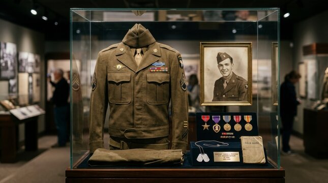 Military uniform and medals displayed in museum case for remembrance