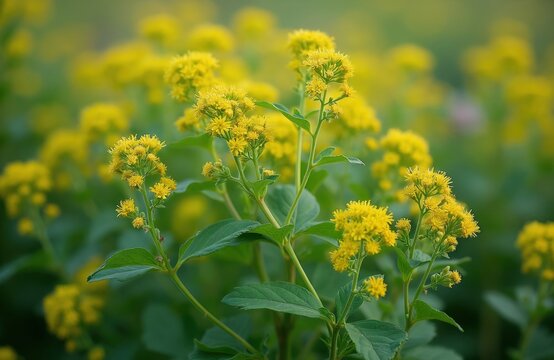 Yellow flowering wild plant Sisymbrium officinale in meadow field during summer season. Detail of blossom flower clusters. Green leaves on stem.