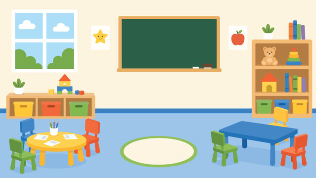Kindergarten classroom interior with empty chalkboard, kids furniture and toys, flat vector illustration