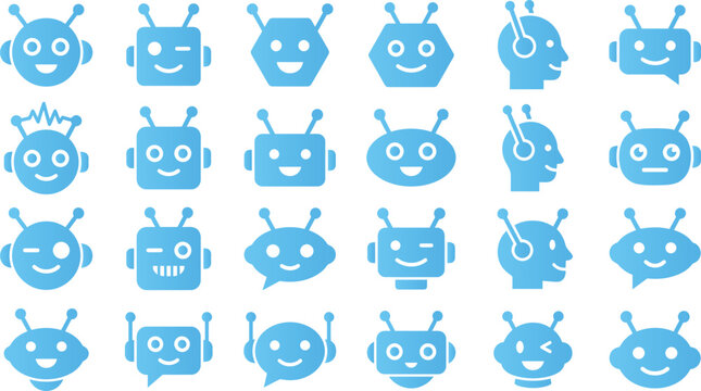Cute robot faces icons collection friendly AI characters diverse expressions for technology futuristic communication and chatbot design.