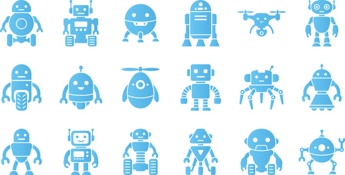 Assortment of flat design blue robot icons including humanoid drones and futuristic mechanical figures.