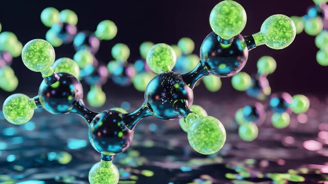 Abstract molecular structure with glowing green atoms and dark background.