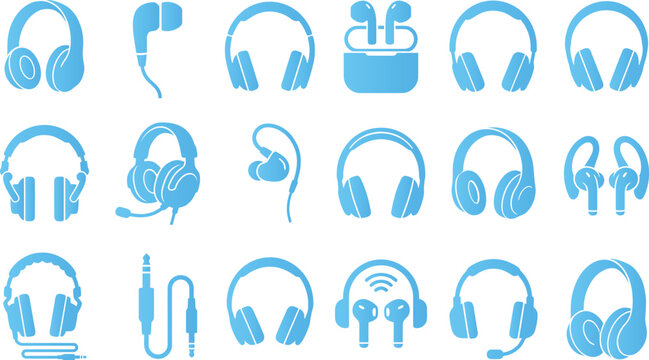 Variety of blue headphone and earphone icons including over ear earbuds and headsets with microphones.