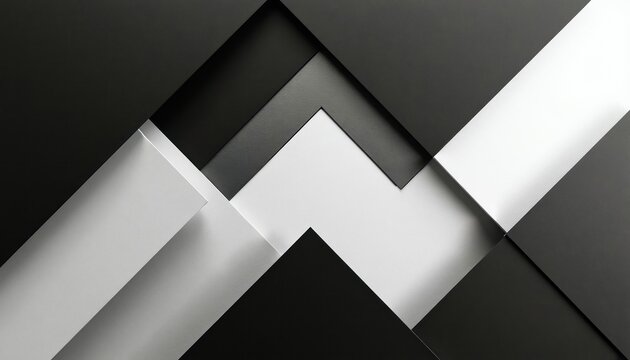 Abstract geometric shapes in black and white create dynamic composition. Overlapping planes form sharp angles and contrasting light creating modern minimalist backdrop for design or tech themes.