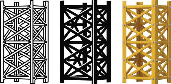 Set of construction tower elements including outline silhouette and yellow design for industrial and architectural concepts