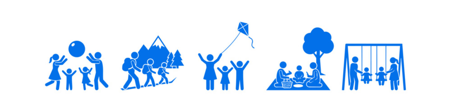Set of blue icons showing family activities like hiking, picnicking, playing ball, flying a kite, and swinging. Vector illustration of stick figures enjoying outdoor leisure time together.