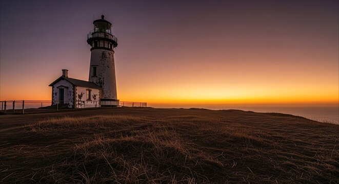 Solitary lighthouse on a grassy cliff at sunset, dramatic coastal landscape with warm sky and ocean view