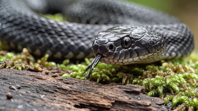 Closeup of a black snake with its tongue flicking on mossy wood.