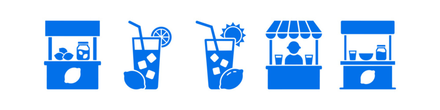 Set of blue flat icons representing lemonade stands and fresh drinks. Includes glasses with ice and straws, lemons, and stall kiosks, perfect for summer refreshment and small business themes.