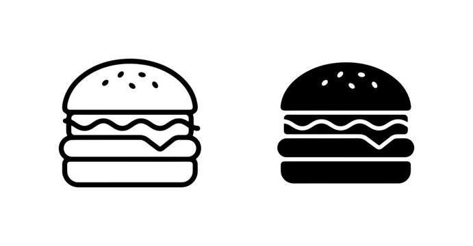 Burger Icons, Hamburger Vector Graphics, Fast Food Symbols, Simple Outline and Silhouette Designs for Menus and Apps