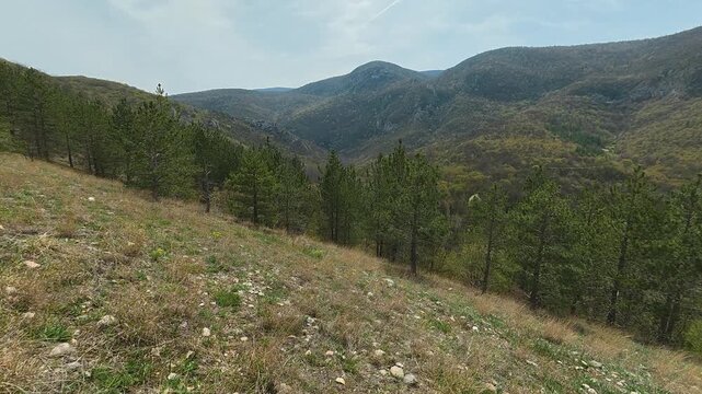Rugged hills roll under a soft, clear sky. Mount Ozren, Sokobanja, Serbia