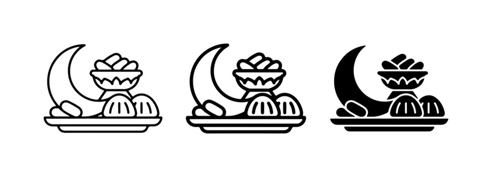 Ramadan Iftar Food Icons, Crescent Moon and Dates, Islamic Symbols, Traditional Sweet Treats, Vector Graphics Set