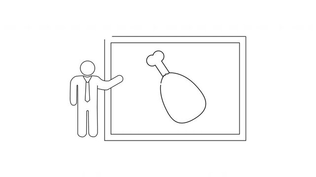 Man in suit presenting a chicken leg on a whiteboard.