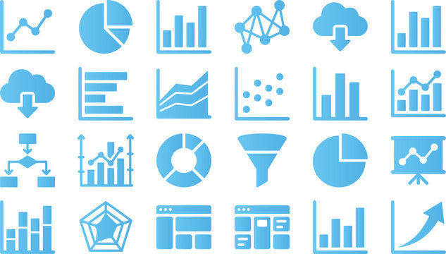 Collection of blue infographic icons representing data analysis and business growth.