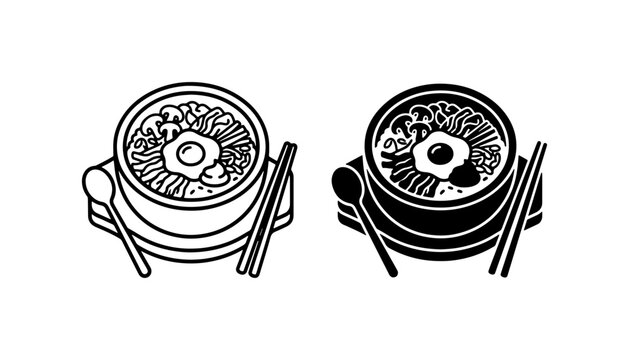 Korean Bibimbap Bowl Vector Icons, Traditional Asian Cuisine Dish, Healthy Meal Illustration Set, Chopsticks and Spoon Graphic Elements