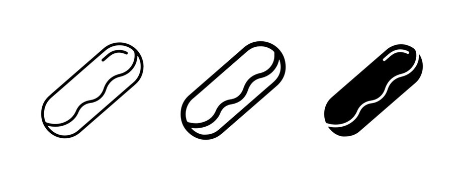 Eclair Icons Set: Outline, Filled Outline, and Solid Black Vector Graphics for Pastry and Dessert Design