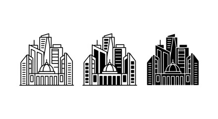 Fototapeta premium Modern Cityscape Icons, Architectural Skyline Silhouettes, Urban Building Collection, Contemporary Downtown Vector Art