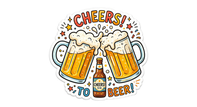 Cartoon style illustration of two beer mugs clinking with cheers to beer text and bottle for celebration social party and nightlife on transparent background