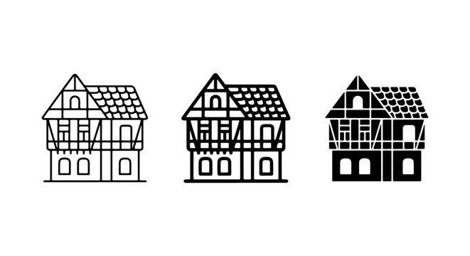 Three Timber Frame House Icons, Fachwerkh&auml;user Vector Set, Traditional European Architecture Styles, Outline and Silhouette Building Graphics