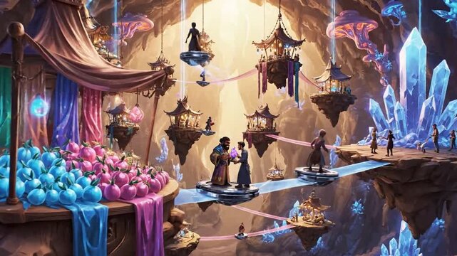 Fantasy merchant selling magical items to customer in whimsical market