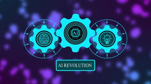 AI Revolution motion graphics concept featuring animated gears, brain, and light bulb icons for artificial intelligence and global digital transformation.