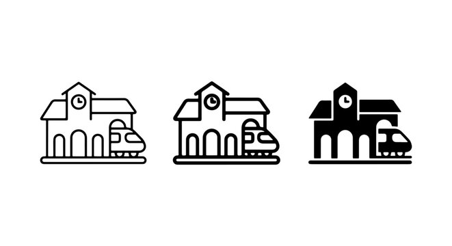 Train Station Icons Set, Modern Railway Building and Locomotive Vector Graphics, Public Transport Hub Symbols