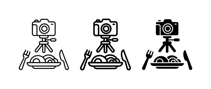 Food Photography Icons: Camera, Tripod, Plate of Pasta, Fork and Knife, Set of Three Styles