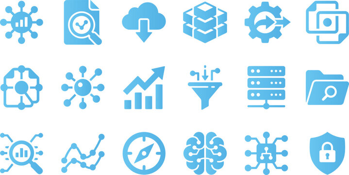 Data analysis and technology icons with charts graphs cloud and database for business intelligence insights.