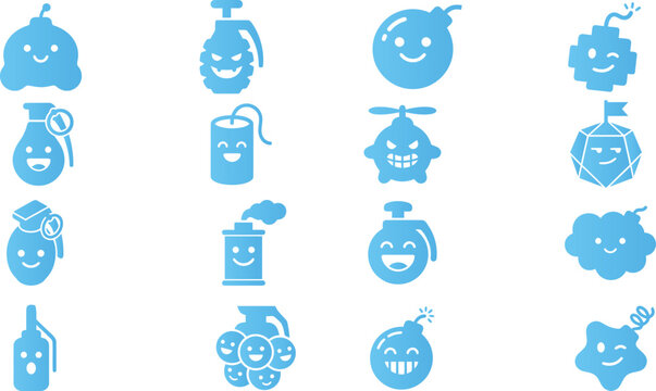 Collection of twelve blue cartoon bomb and explosive icons with happy funny faces on white background.