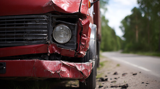 Front view of a heavily damaged red vehicle after a collision, with a missing headlight and crumpled fenders, parked on the roadside