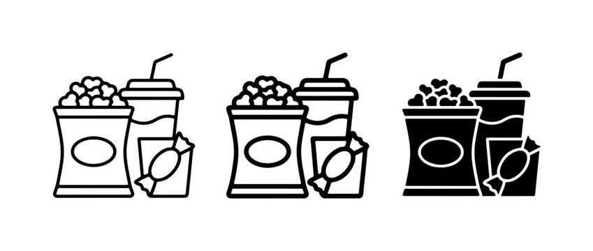 Movie Snacks Icons: Popcorn, Soda, Candy Vector Set, Cinema Treats Collection