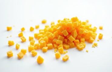Fototapeta premium Pile of small, bright orange mango cubes scattered on clean white surface. Fruit pieces diced uniformly, appearing slightly dried dehydrated. Soft lighting creates gentle shadow play around