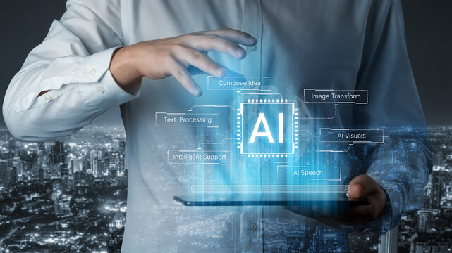 Artificial intelligence capability map showing text processing, speech, visual transformation and intelligent support in one system. Corpus