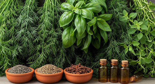 Herbs and spices with bottles on a wooden surface in front of green plants