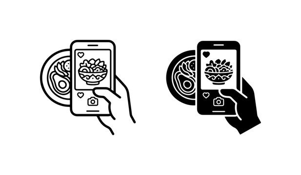 Food Photography Icons, Hand Holding Smartphone Capturing Meal, Social Media Sharing, Vector Graphics