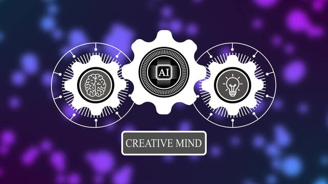 Creative mind motion graphics concept featuring animated AI gears, brain, and light bulb icons for artificial intelligence and human creativity technology.