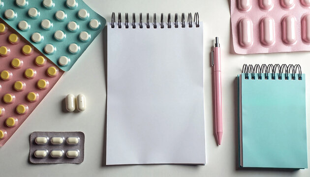 Problem solving and methods of contraception in the modern world, contraceptive pills and notebooks on white background with copy space