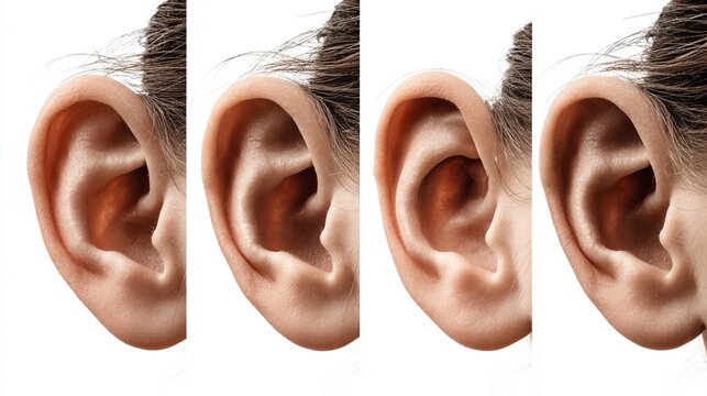 A close-up view of four human ears with different shapes and structures.