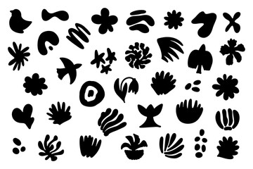 Fototapeta premium Abstract organic shapes set in minimal memphis style. Modern handdrawn vector collection with floral elements, naive symbols, botanical forms and geometric cutout blobs for branding