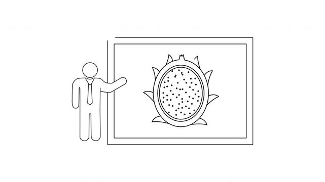 Man presenting a diagram of a dragon fruit cross-section.