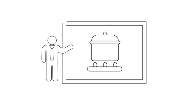 Man presenting a diagram of a food warmer on a whiteboard.