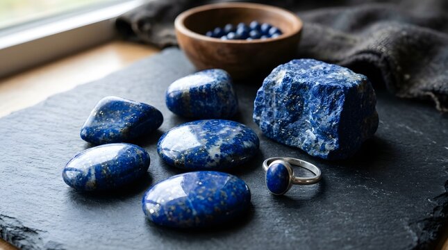 Raw lapis lazuli stones and silver ring with blue gemstone on textured surface