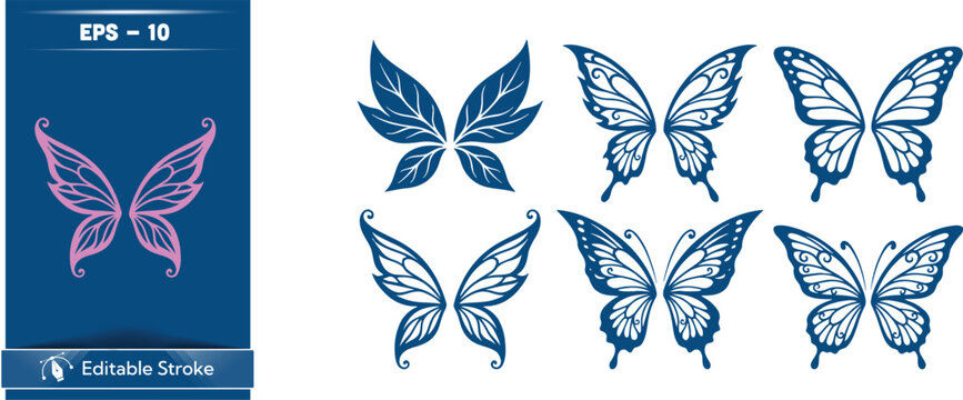 Collection of blue and purple butterfly designs on white background
