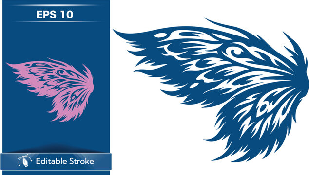 Blue and pink feather or wing design with intricate patterns