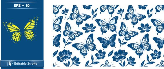 Butterfly pattern with blue and yellow butterflies on white background © MdAbdullah