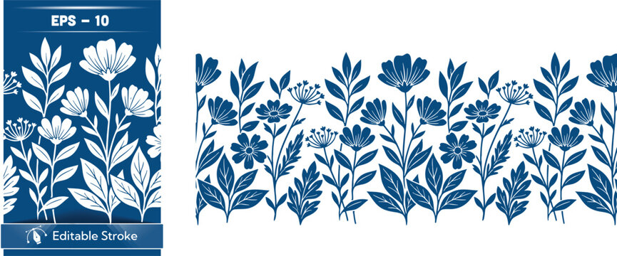 Blue and white floral pattern with leaves on fabric or wallpaper