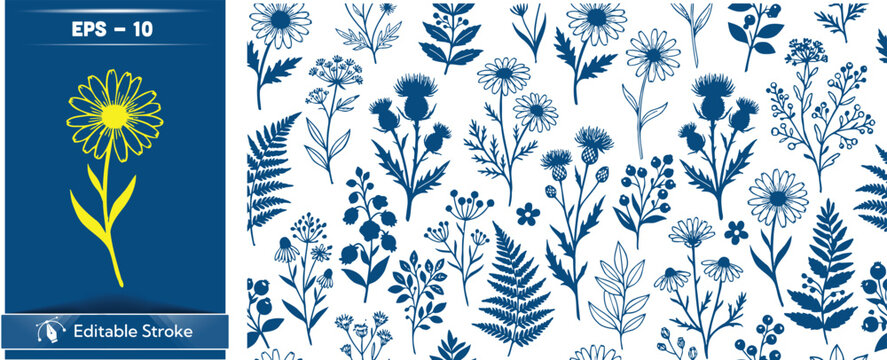 Blue and white floral pattern with yellow dandelion flowers