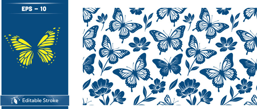 Butterfly pattern with blue and yellow butterflies on white background