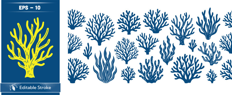 Coral reef pattern with yellow and blue coral on white background