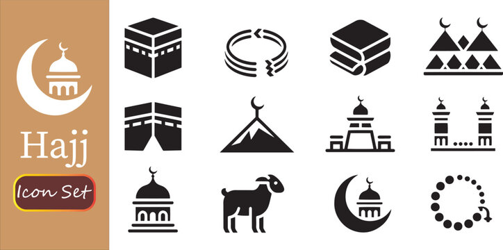 Islamic Hajj and Umrah Icon Set; Religious Vector Symbols Featuring Kaaba, Ihram, Mosque, Tawaf, Safa Marwa, Mount Arafat, Qurbani Goat, Prayer Beads, and Crescent Moon